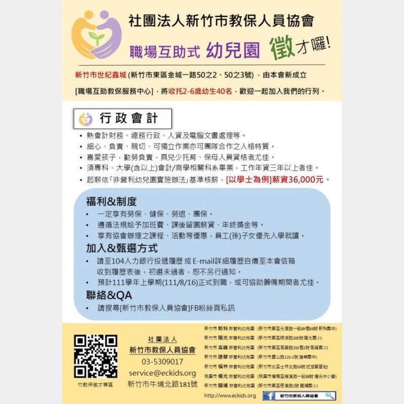 新竹市教保人員協會111學年度新園徵才中
